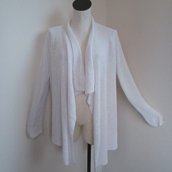 Eileen Fisher Cardigan Sweater White Linen Open Front Waterfall Style Womens L - Picture 6 of 11